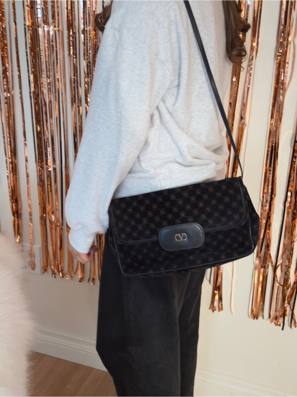 Valentino Black Logo Monogram Shoulder Bag with Gold V Accent